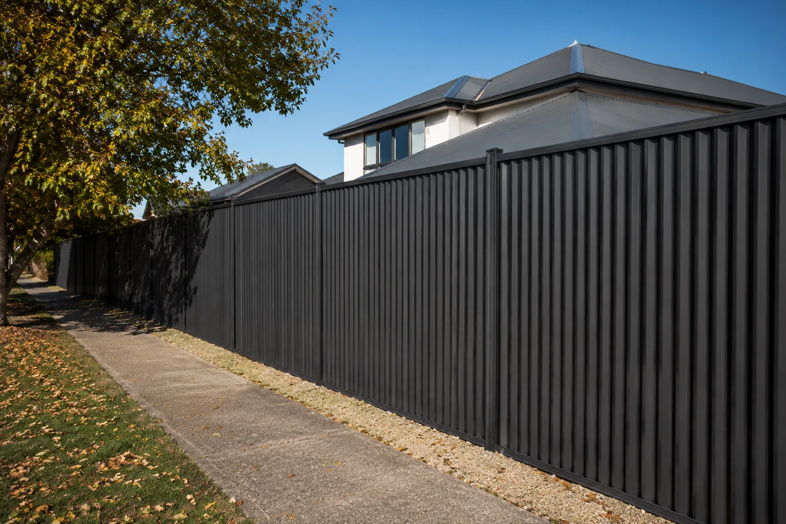 Black corrugated steel boundary fence beside a public footpath