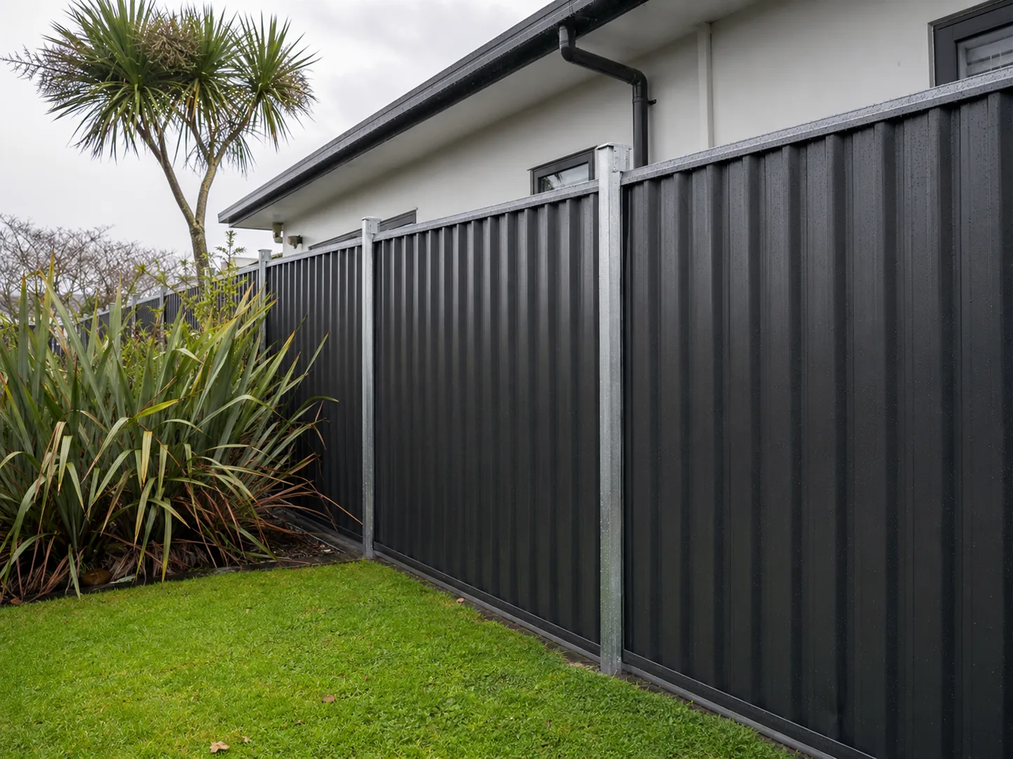 Black steel privacy fence panels beside a residential lawn