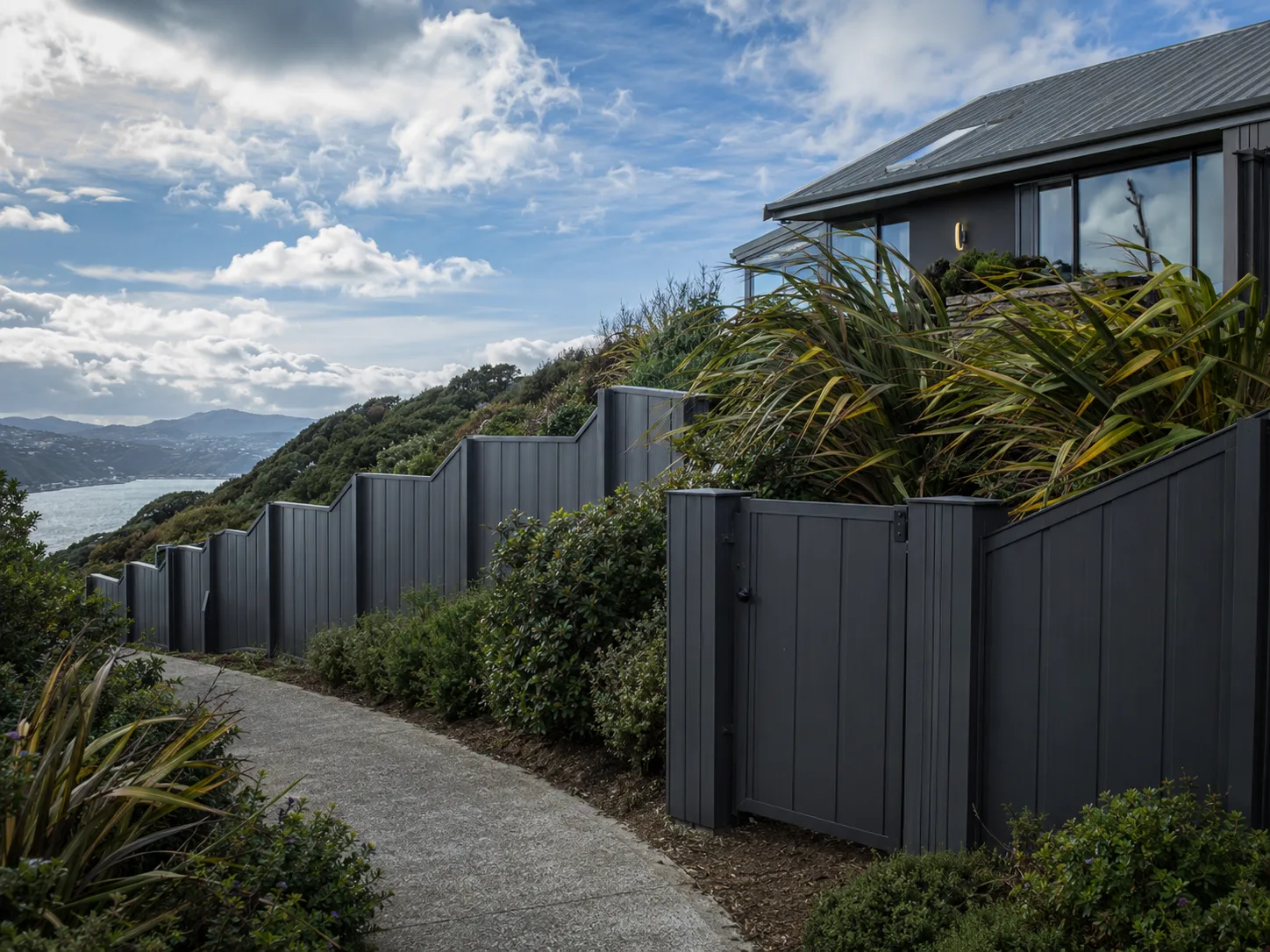 Grey steel privacy fence and gate stepped down a steep coastal site