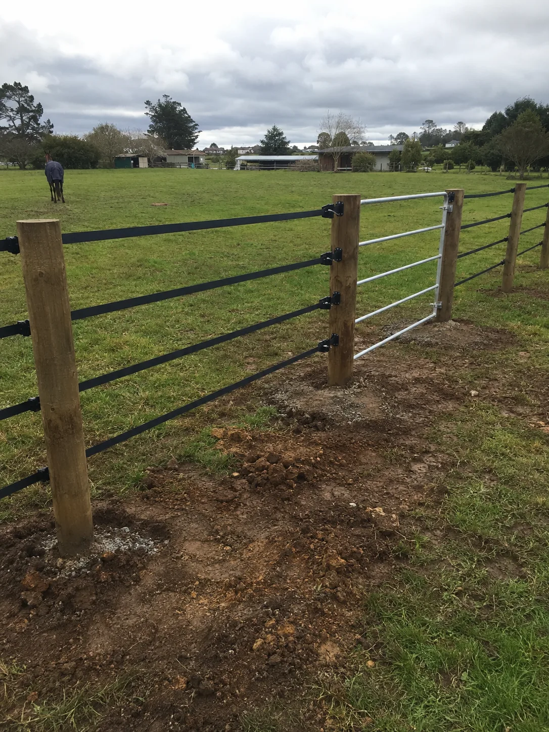 Rural electric tape fence and timber gate across a paddock entrance