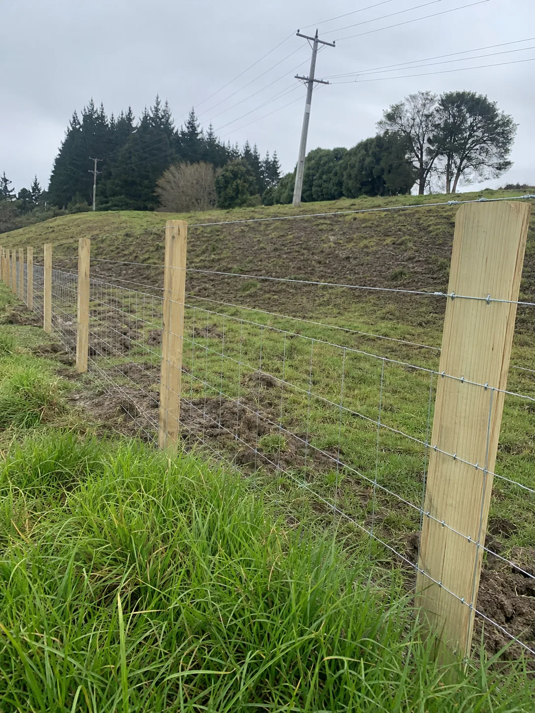 Rural timber post and wire mesh fence crossing a grassy hill