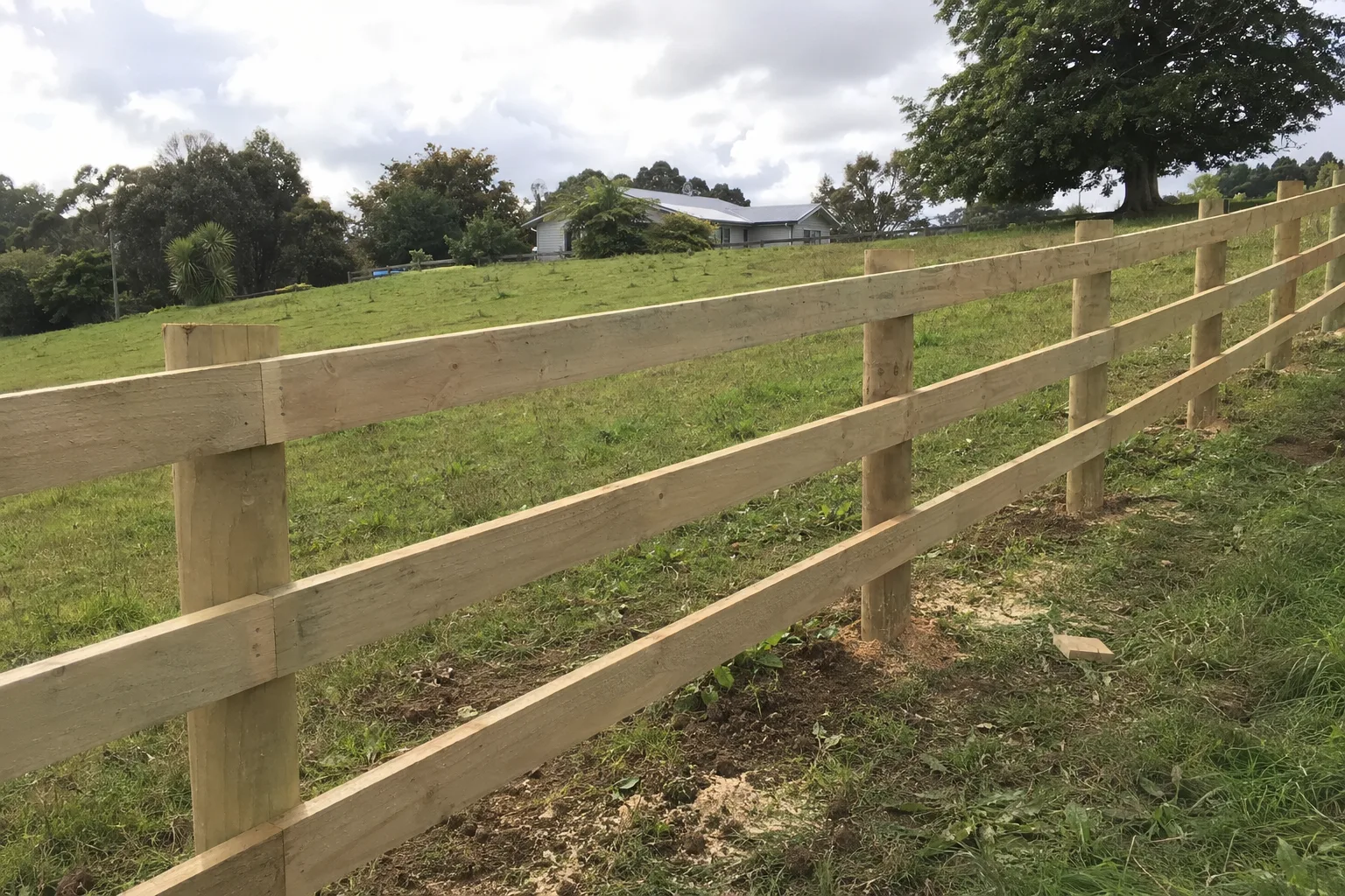 Timber post-and-three-rail fence along a rural property