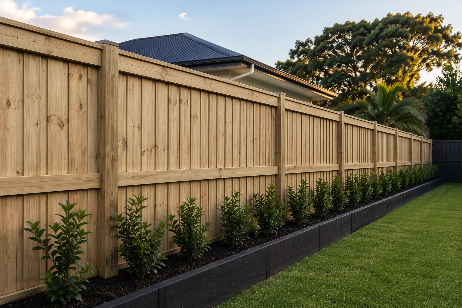 Timber boundary fence with exposed rails beside a landscaped garden bed