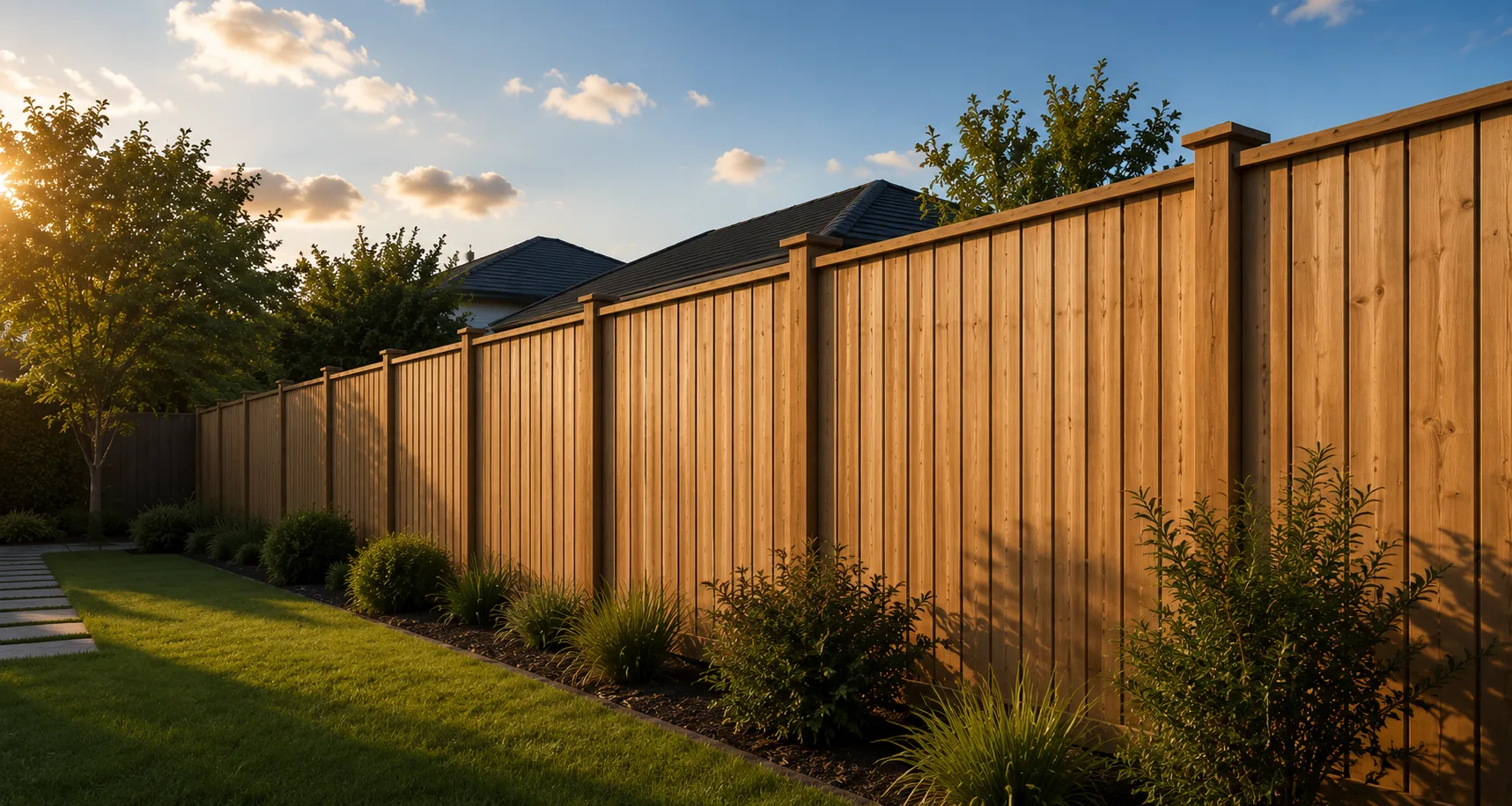 Golden timber privacy fence beside a landscaped backyard at sunset